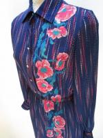 花&点々ストライプ柄ワンピース(ネイビーxピンクxレッドxターコイズ)