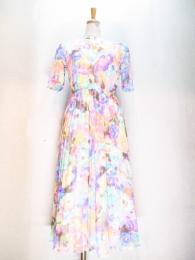 花柄ワンピース(ピンク&ライトブルー&パープル&イエロー&ブラウン)