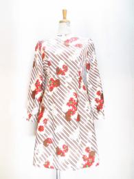 斜めボーダー&花柄ワンピース(オフホワイト&ブラウンxレッド&グリーン)