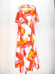 リーフ&幾何学柄ロングワンピース(レッドxオレンジxホワイト)