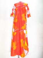 リーフ&幾何学柄ロングワンピース(レッドxオレンジxホワイト)