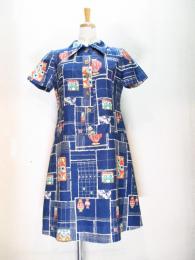 犬&ツボ&幾何学柄ワンピース(ネイビーxオレンジ&グリーン)