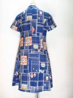 犬&ツボ&幾何学柄ワンピース(ネイビーxオレンジ&グリーン)