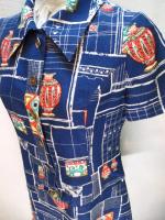 犬&ツボ&幾何学柄ワンピース(ネイビーxオレンジ&グリーン)