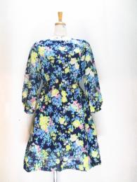 花柄ワンピース(ネイビーxライトブルー&ピンク&イエロー&グリーン)
