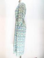 幾何学ボーダー&花柄ワンピース(グリーンxライトグリーンxベージュ)