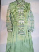 幾何学ボーダー&花柄ワンピース(グリーンxライトグリーンxベージュ)